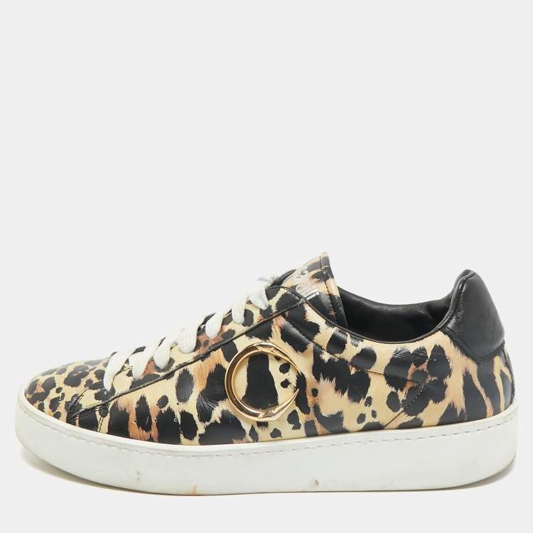 Pre Owned Roberto Cavalli Black/Brown Leopard Print Leather Lace Up Sneakers Size 43