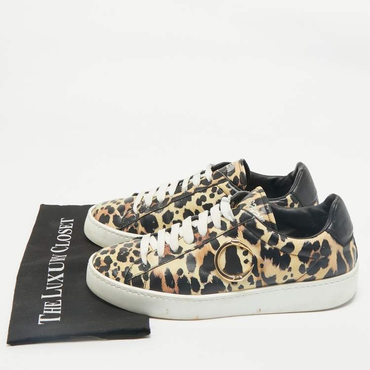 Pre Owned Roberto Cavalli Black/Brown Leopard Print Leather Lace Up Sneakers Size 43
