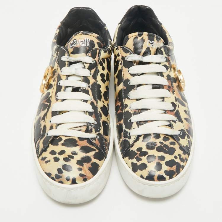 Pre Owned Roberto Cavalli Black/Brown Leopard Print Leather Lace Up Sneakers Size 43