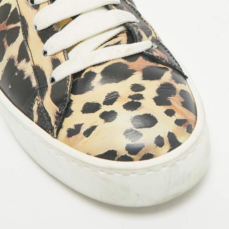 Pre Owned Roberto Cavalli Black/Brown Leopard Print Leather Lace Up Sneakers Size 43