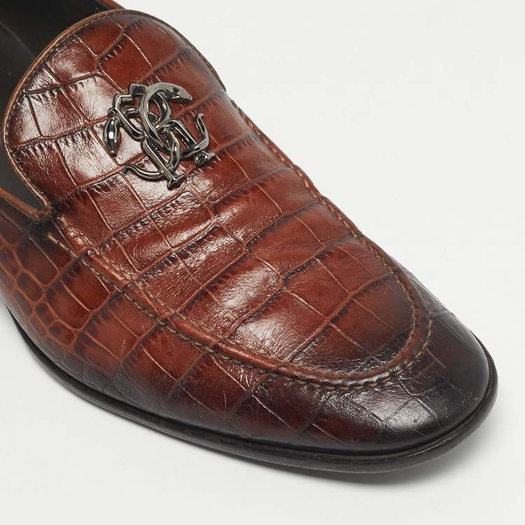 Pre Owned Roberto Cavalli Brown Croc Embossed Leather Slip On Loafers Size 43