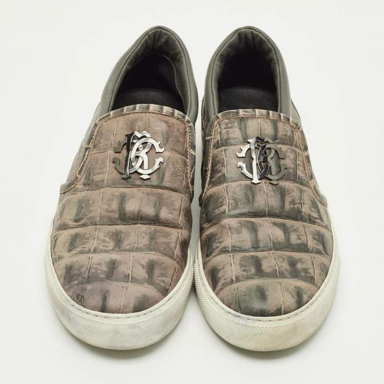 Pre Owned Roberto Cavalli Size 40 Green Croc Embossed Leather Logo Slip On Sneakers
