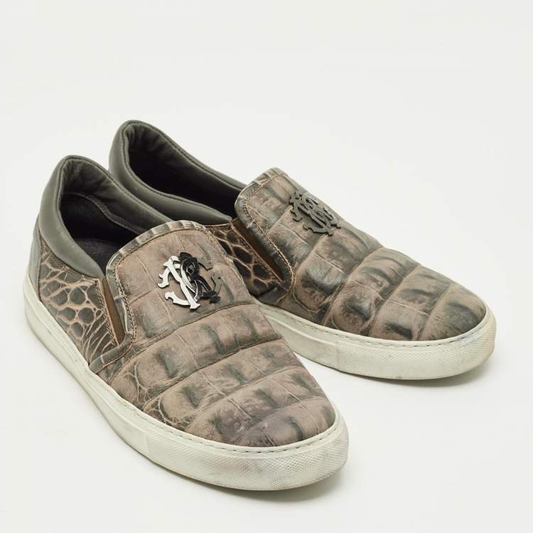 Pre Owned Roberto Cavalli Size 40 Green Croc Embossed Leather Logo Slip On Sneakers