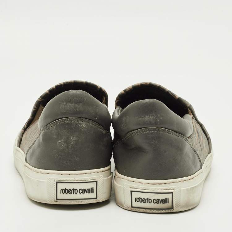 Pre Owned Roberto Cavalli Size 40 Green Croc Embossed Leather Logo Slip On Sneakers