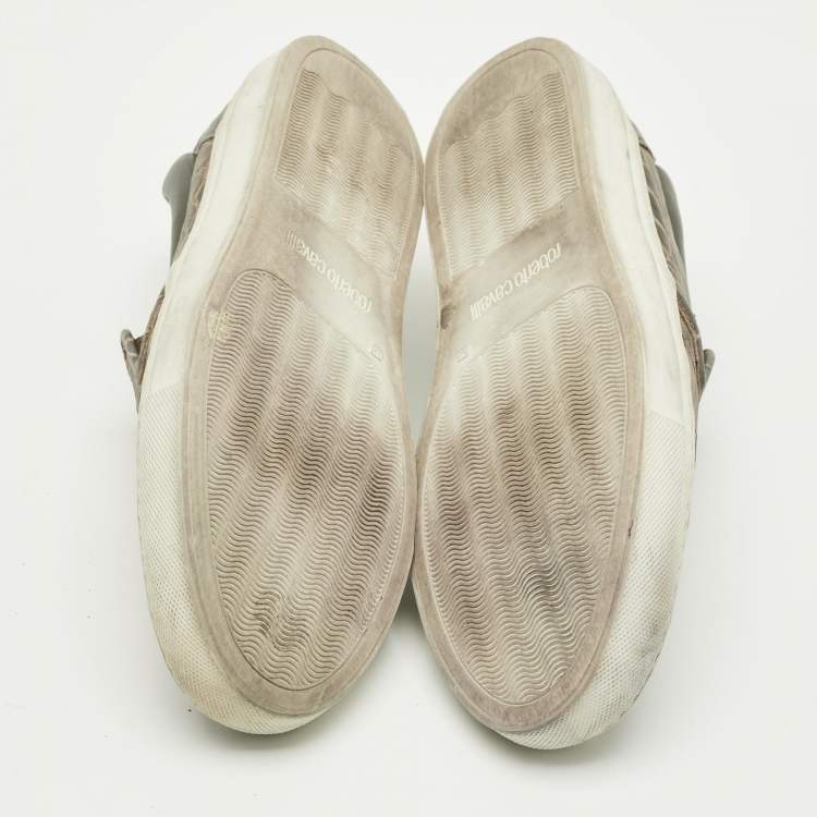 Pre Owned Roberto Cavalli Size 40 Green Croc Embossed Leather Logo Slip On Sneakers