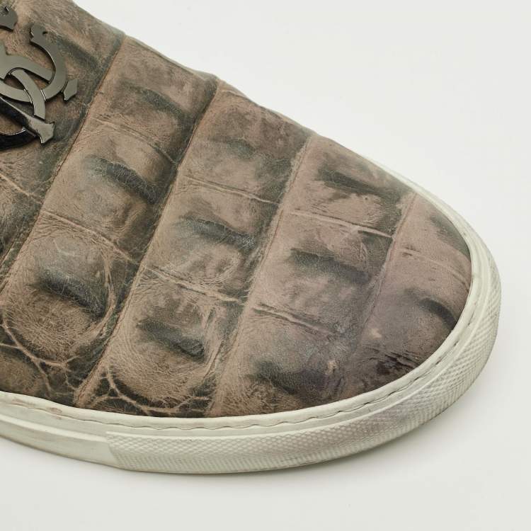 Pre Owned Roberto Cavalli Size 40 Green Croc Embossed Leather Logo Slip On Sneakers