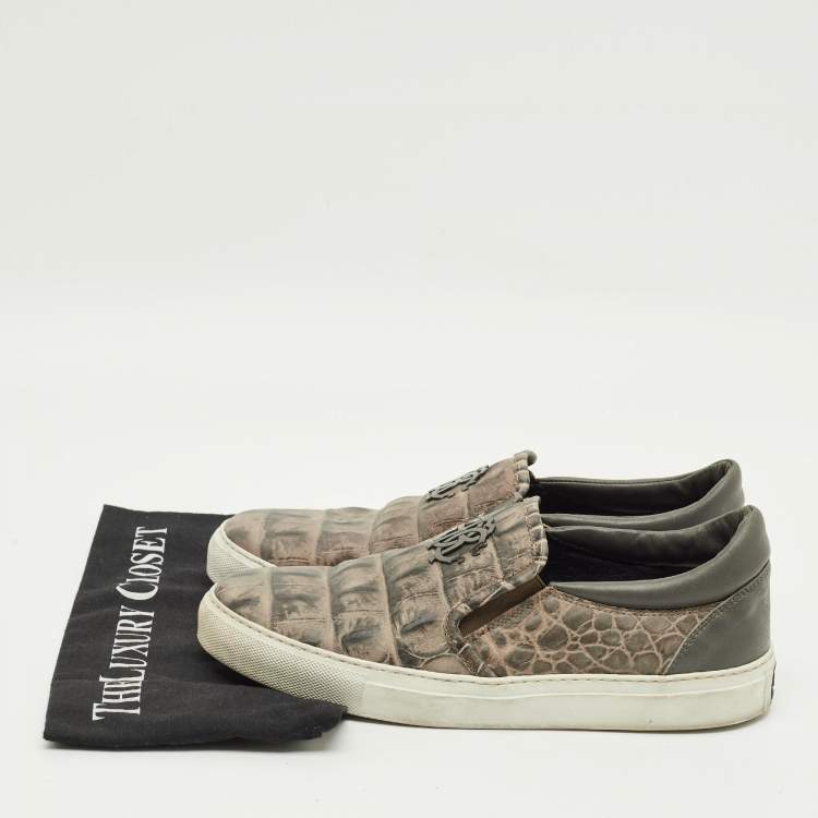 Pre Owned Roberto Cavalli Size 40 Green Croc Embossed Leather Logo Slip On Sneakers