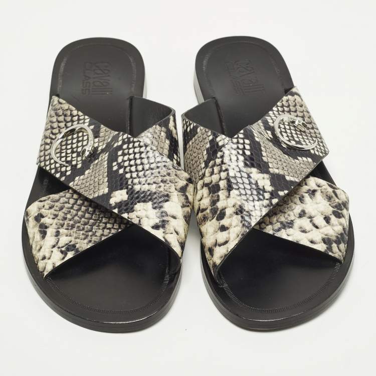 Pre Owned Roberto Cavalli Size 42 Two Tone Python Embossed Leather Criss-Cross Flat Slide