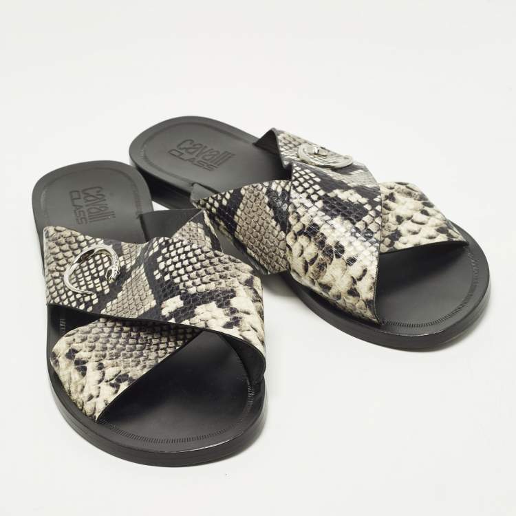 Pre Owned Roberto Cavalli Size 42 Two Tone Python Embossed Leather Criss-Cross Flat Slide