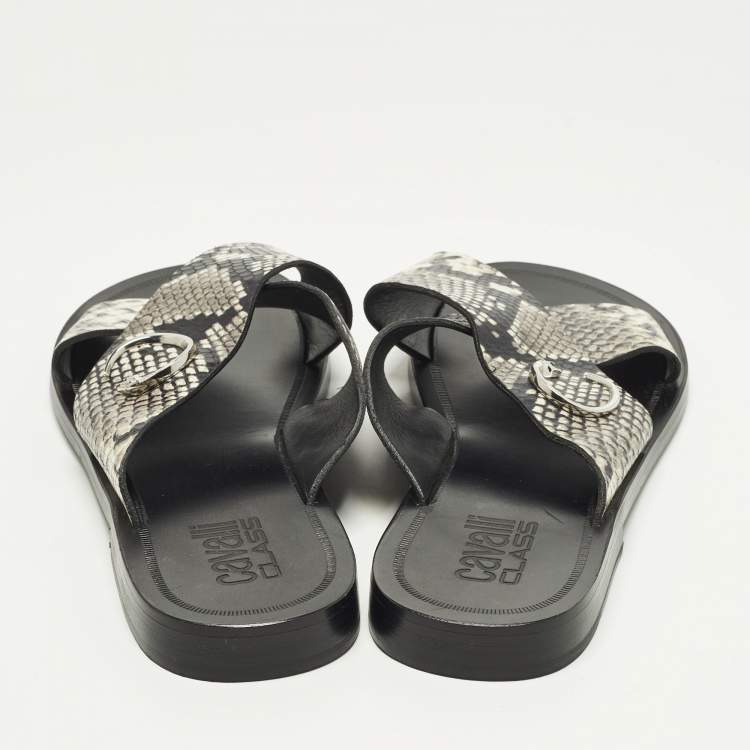 Pre Owned Roberto Cavalli Size 42 Two Tone Python Embossed Leather Criss-Cross Flat Slide