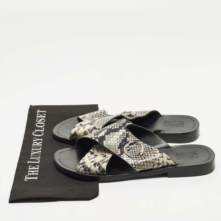 Pre Owned Roberto Cavalli Size 42 Two Tone Python Embossed Leather Criss-Cross Flat Slide