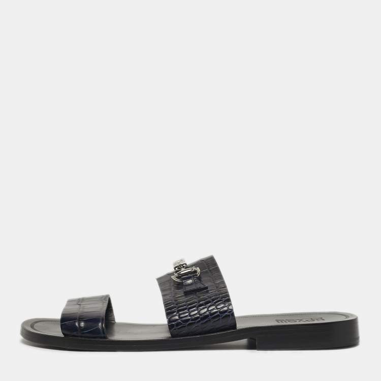 Pre Owned Roberto Cavalli Size 42 Navy Blue Croc Embossed Leather Horsebit Flat Slide