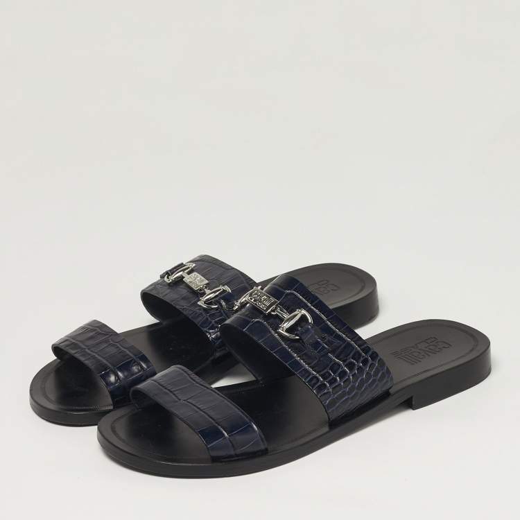 Pre Owned Roberto Cavalli Size 42 Navy Blue Croc Embossed Leather Horsebit Flat Slide