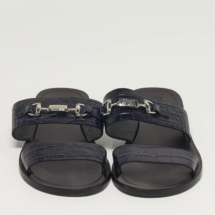 Pre Owned Roberto Cavalli Size 42 Navy Blue Croc Embossed Leather Horsebit Flat Slide