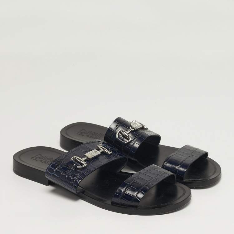 Pre Owned Roberto Cavalli Size 42 Navy Blue Croc Embossed Leather Horsebit Flat Slide