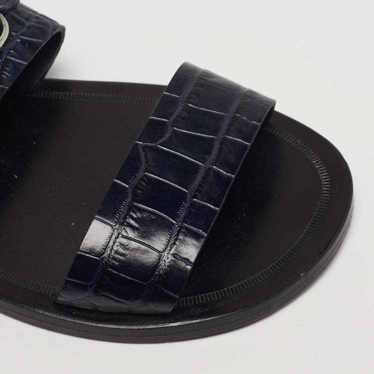 Pre Owned Roberto Cavalli Size 42 Navy Blue Croc Embossed Leather Horsebit Flat Slide