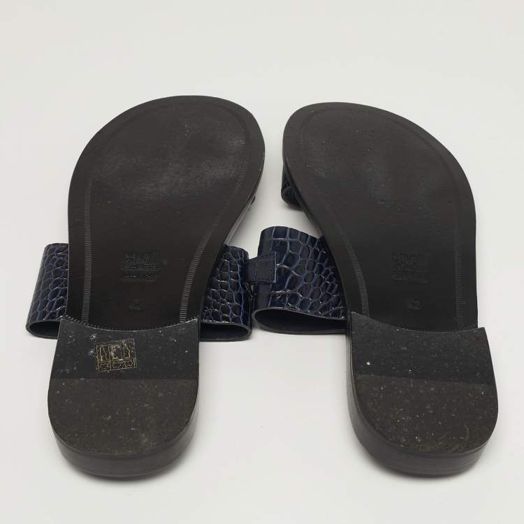 Pre Owned Roberto Cavalli Size 42 Navy Blue Croc Embossed Leather Horsebit Flat Slide