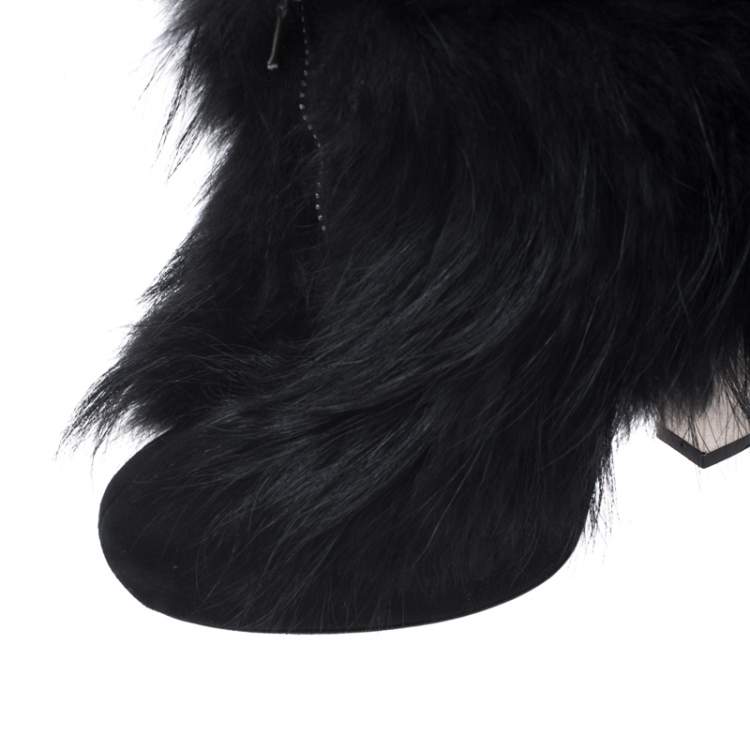 Pre Owned Roberto Cavalli Black Suede And Fur Trim Ankle Boots Size 38