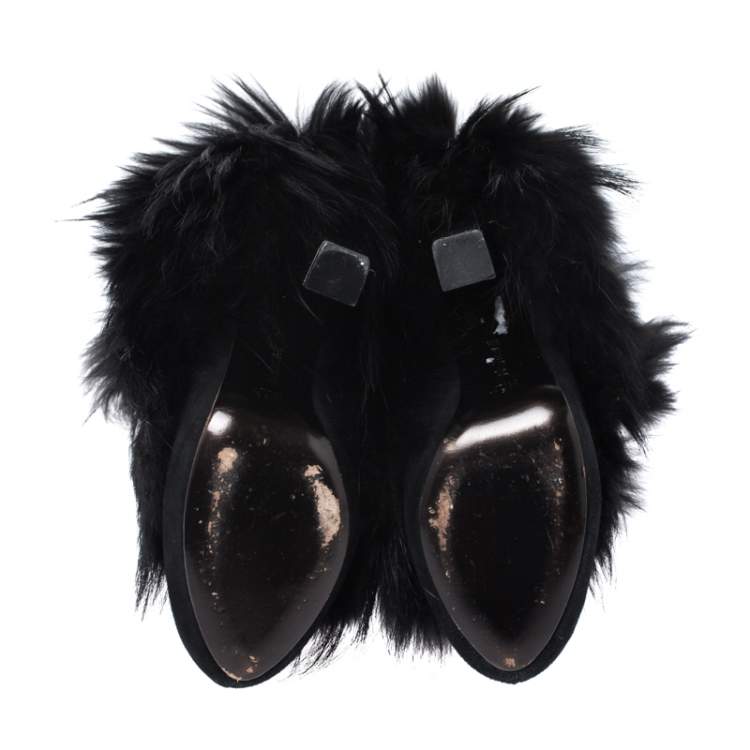 Pre Owned Roberto Cavalli Black Suede And Fur Trim Ankle Boots Size 38