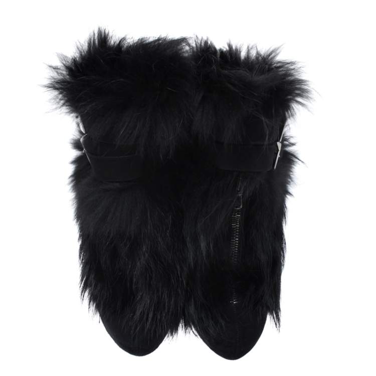 Pre Owned Roberto Cavalli Black Suede And Fur Trim Ankle Boots Size 38