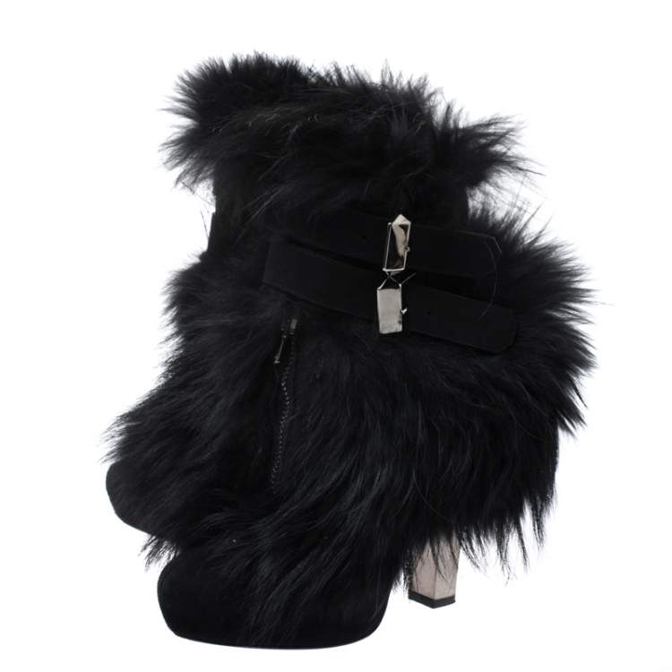 Pre Owned Roberto Cavalli Black Suede And Fur Trim Ankle Boots Size 38