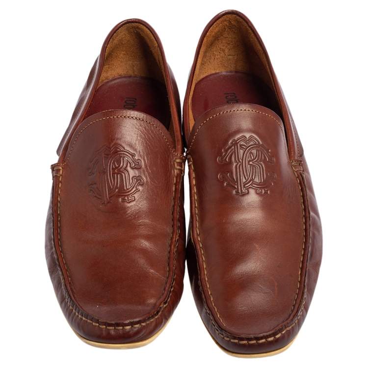 Pre Owned Roberto Cavalli Brown Leather Logo Embossed Slip On Loafers Size 41