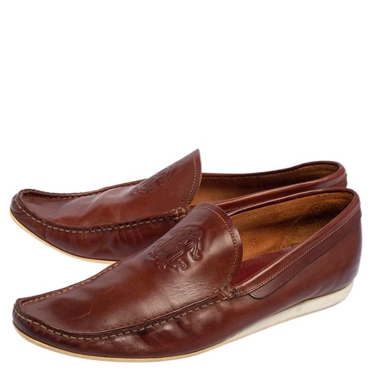 Pre Owned Roberto Cavalli Brown Leather Logo Embossed Slip On Loafers Size 41