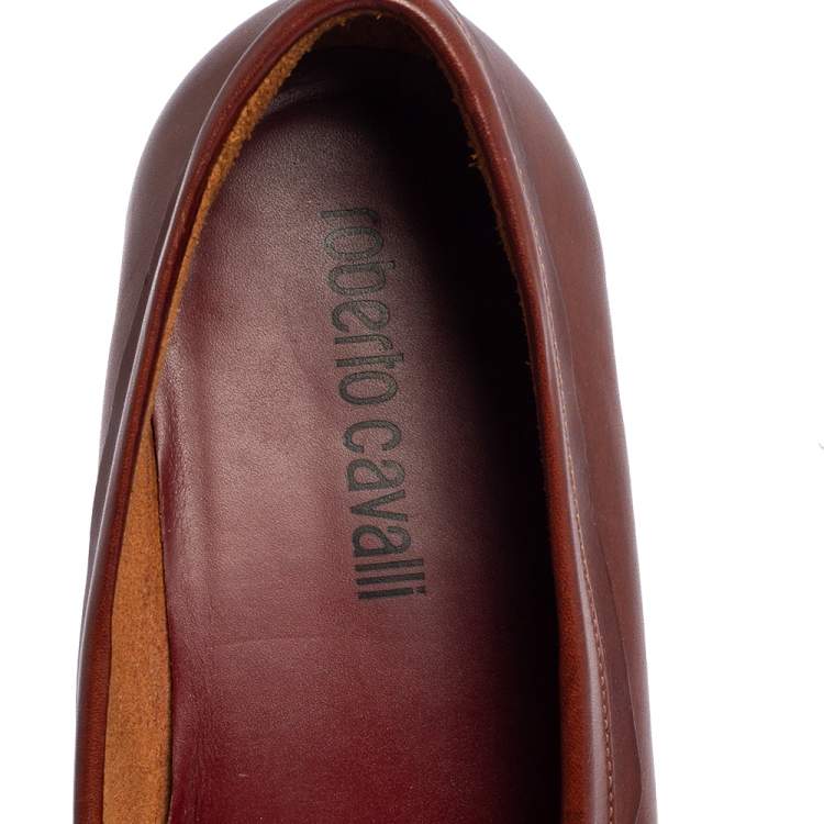 Pre Owned Roberto Cavalli Brown Leather Logo Embossed Slip On Loafers Size 41