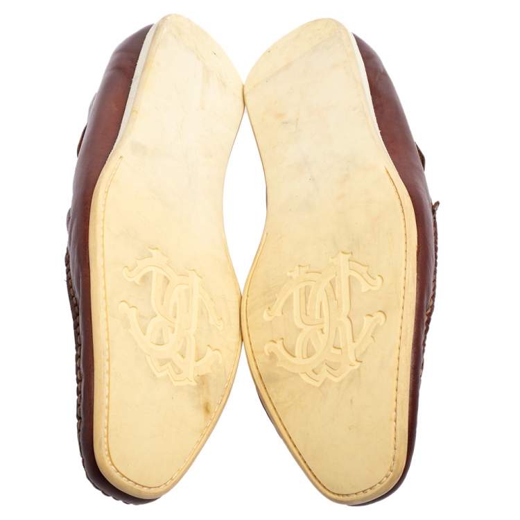 Pre Owned Roberto Cavalli Brown Leather Logo Embossed Slip On Loafers Size 41