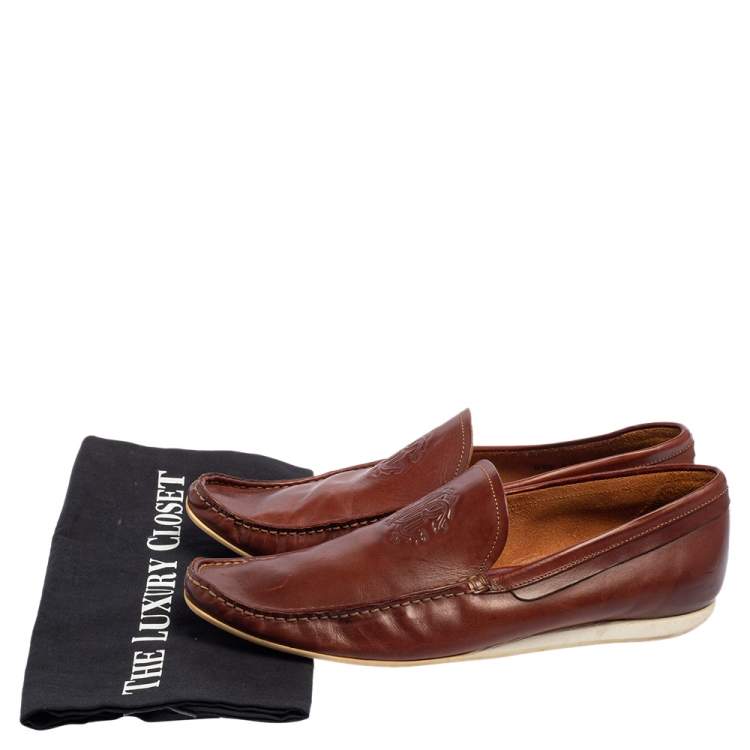 Pre Owned Roberto Cavalli Brown Leather Logo Embossed Slip On Loafers Size 41