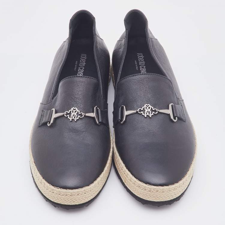 Pre Owned Roberto Cavalli Black Leather Logo Detail Slip On Espadrille Size 43