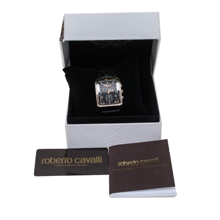 مملوكة مسبقًا Roberto Cavalli Black Stainless Steel and Leather ESON R7251955035 Men's Wristwatch 30 mm