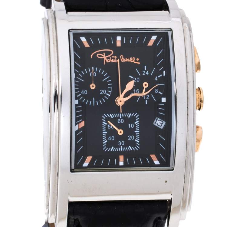 مملوكة مسبقًا Roberto Cavalli Black Stainless Steel and Leather ESON R7251955035 Men's Wristwatch 30 mm