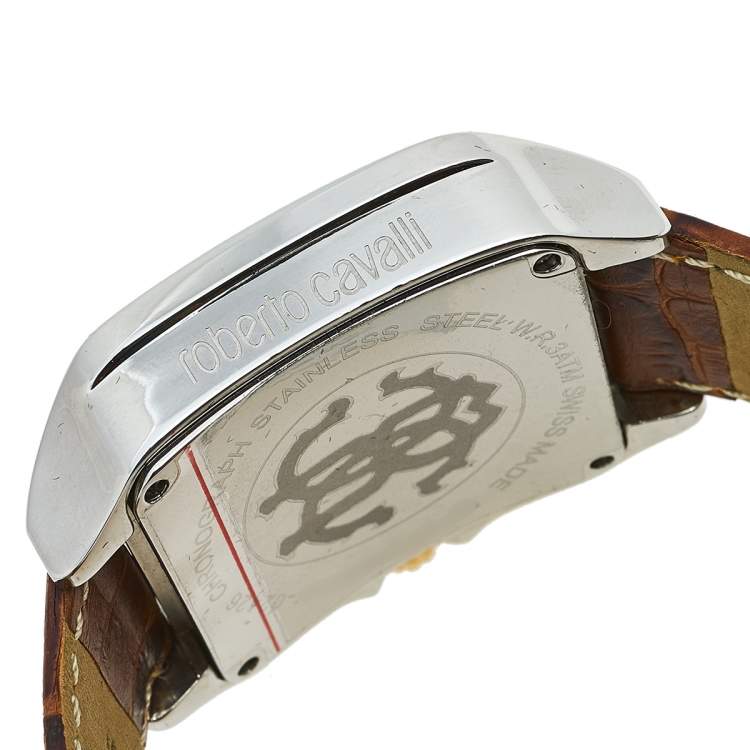 Pre Owned Roberto Cavalli White Two Tone Stainless Steel Crocodile Venom R7251692045 Men's Wristwatch 40 mm