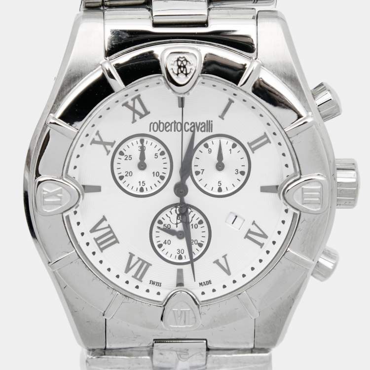 Pre Owned Roberto Cavalli Silver Stainless Steel Diamond Time R7253616015 Chronograph Men's Wristwatch 45.50 mm