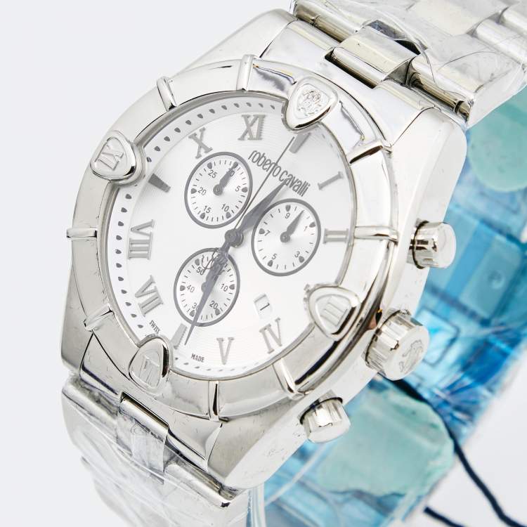 Pre Owned Roberto Cavalli Silver Stainless Steel Diamond Time R7253616015 Chronograph Men's Wristwatch 45.50 mm