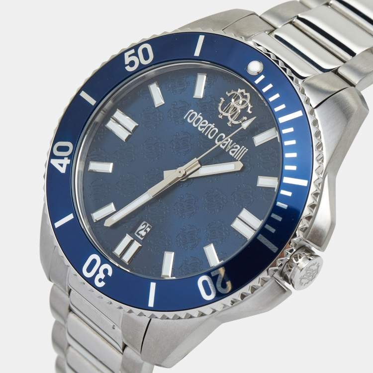 مملوكة مسبقًا Roberto Cavalli Blue Stainless Steel 5G013 Men's Wristwatch 44 mm and Bracelet Set 