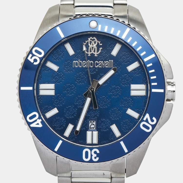 مملوكة مسبقًا Roberto Cavalli Blue Stainless Steel 5G013 Men's Wristwatch 44 mm and Bracelet Set 