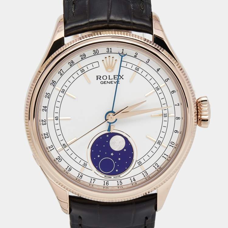 Pre Owned Rolex White 18K Everose Gold Alligator Leather Cellini Moonphase 50535-0002 Men's Wristwatch 39 mm