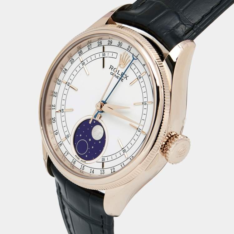 Pre Owned Rolex White 18K Everose Gold Alligator Leather Cellini Moonphase 50535-0002 Men's Wristwatch 39 mm