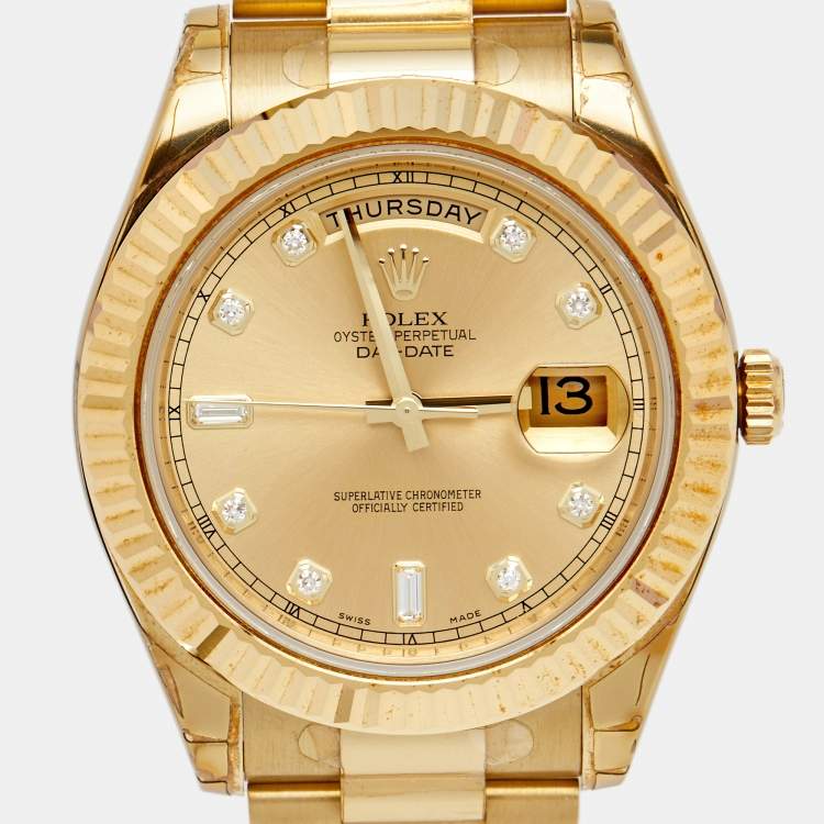 Pre Owned Rolex Champagne 18k Yellow Gold Diamond Day-Date II 218238 Men's Wristwatch 41 mm