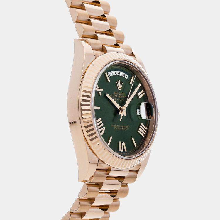 مملوكة مسبقًا Rolex Olive Green 18k Rose Gold Day-Date 228238 Men's Wristwatch 40 mm