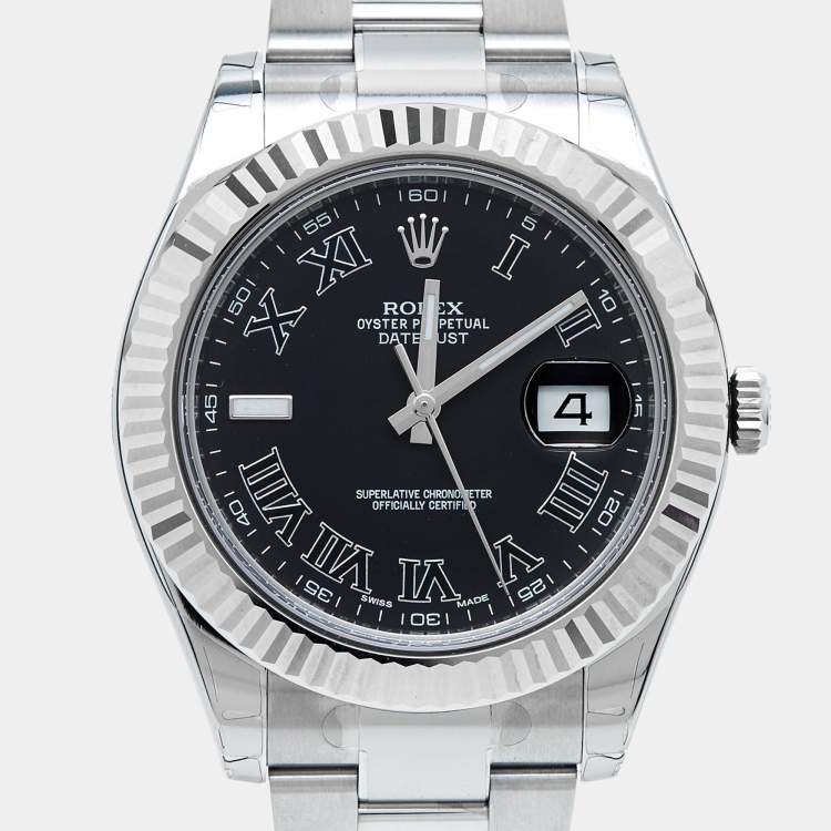 Pre Owned Rolex Charcoal Dark Grey 18K White Gold Stainless Steel Datejust II 116334-0002 Men's Wristwatch 41 mm