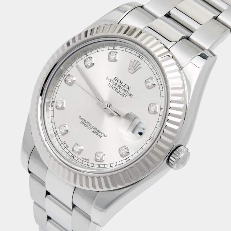 Pre Owned Rolex Silver Diamond 18K White Gold Stainless Steel Datejust II 116334-0007 Men's Wristwatch 41 mm