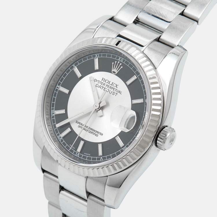 Pre Owned Rolex Silver Black Tuxedo 18K White Gold Oystersteel Datejust 116234 Men's Wristwatch 36 mm