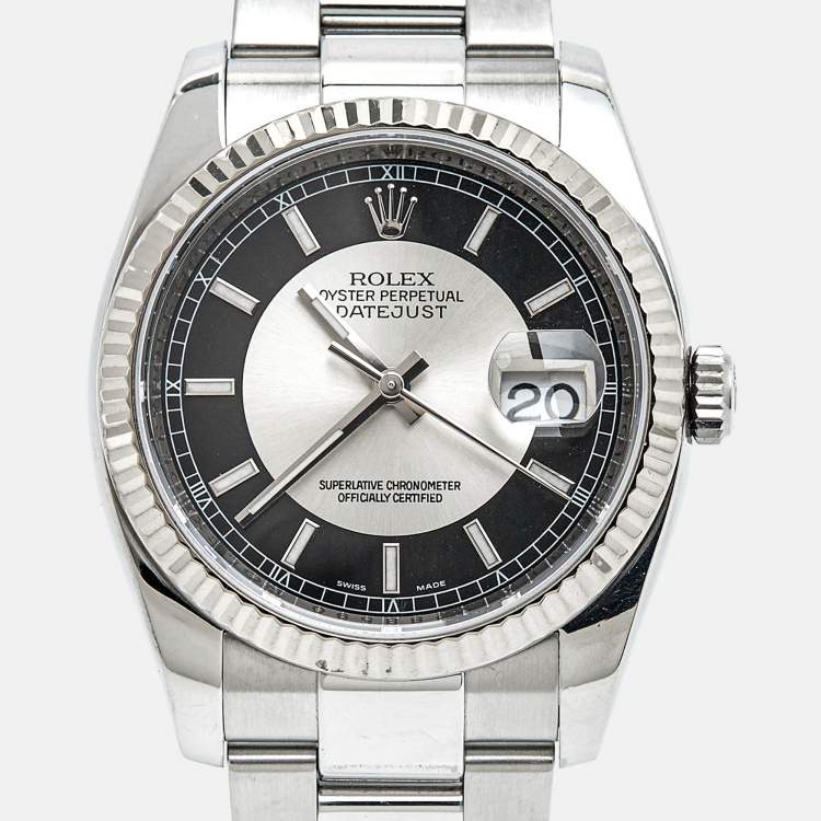 Pre Owned Rolex Silver Black Tuxedo 18K White Gold Oystersteel Datejust 116234 Men's Wristwatch 36 mm