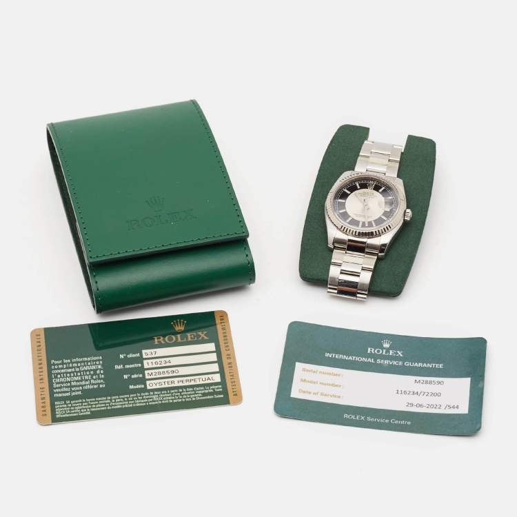 Pre Owned Rolex Silver Black Tuxedo 18K White Gold Oystersteel Datejust 116234 Men's Wristwatch 36 mm