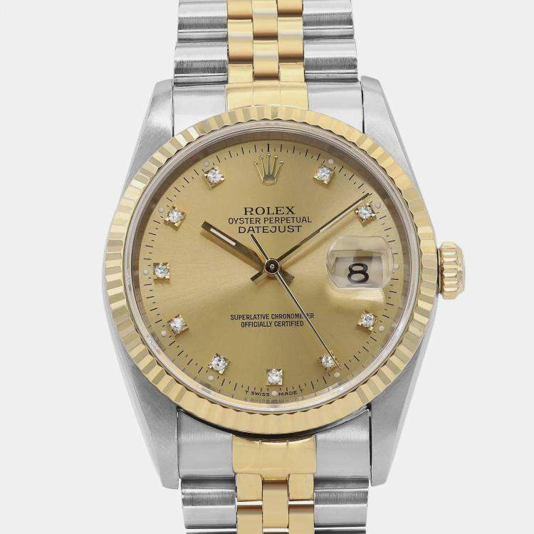 Pre Owned Rolex Champagne Diamond 18k Yellow Gold Stainless Steel Datejust 16233 Automatic Men's Wristwatch 36 mm