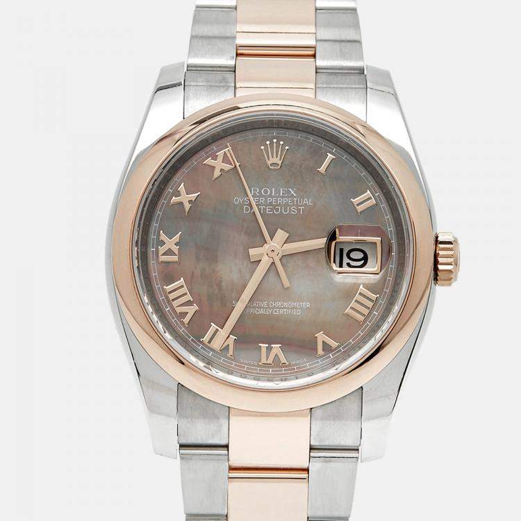 Pre Owned Rolex Brown Mother Of Pearl 18K Everose Gold Oystersteel Datejust 116201 Women's Wristwatch 36 mm