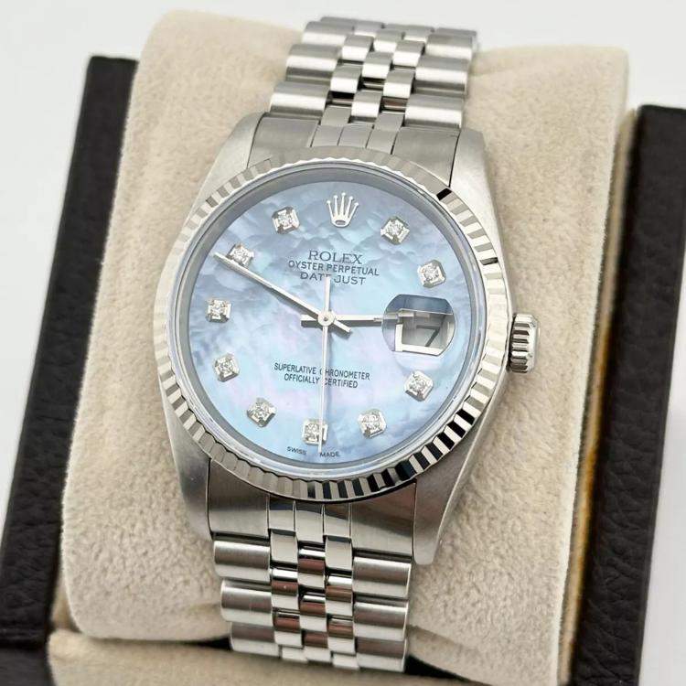 Pre Owned Rolex Blue MOP Diamond 18K White Gold Stainless Steel Datejust 16234 Automatic Men's Wristwatch 36 mm